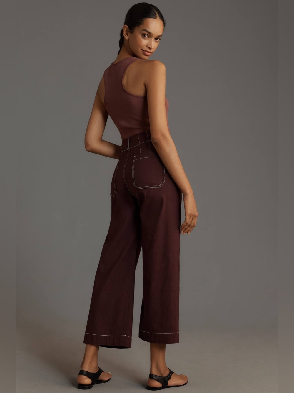 Anthropologie Maeve The Colette Crop Wide Leg Pant 28 Burgundy Wine Minimalist - Picture 4 of 12